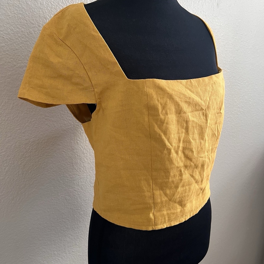 Women's Large Yellow Linen Crop Top Square Neck Cottagecore Summer Minimalist